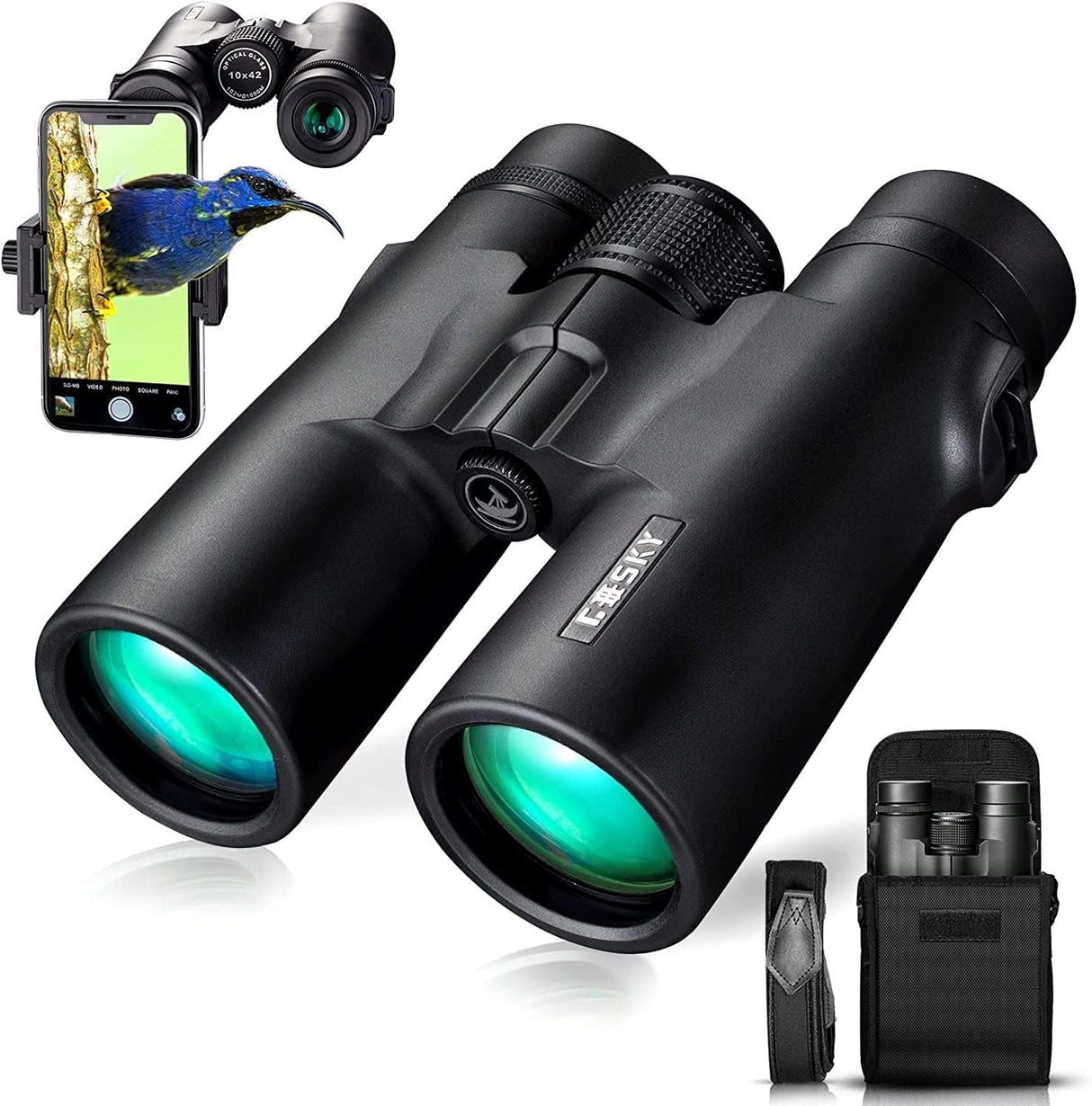 Gosky 10x42 Roof Prism Binoculars for Adults, HD Professional Binoculars for Bird Watching Travel Stargazing Hunting Concerts Sports-BAK4 Prism FMC Lens-with Phone Mount Strap Carrying Bag.