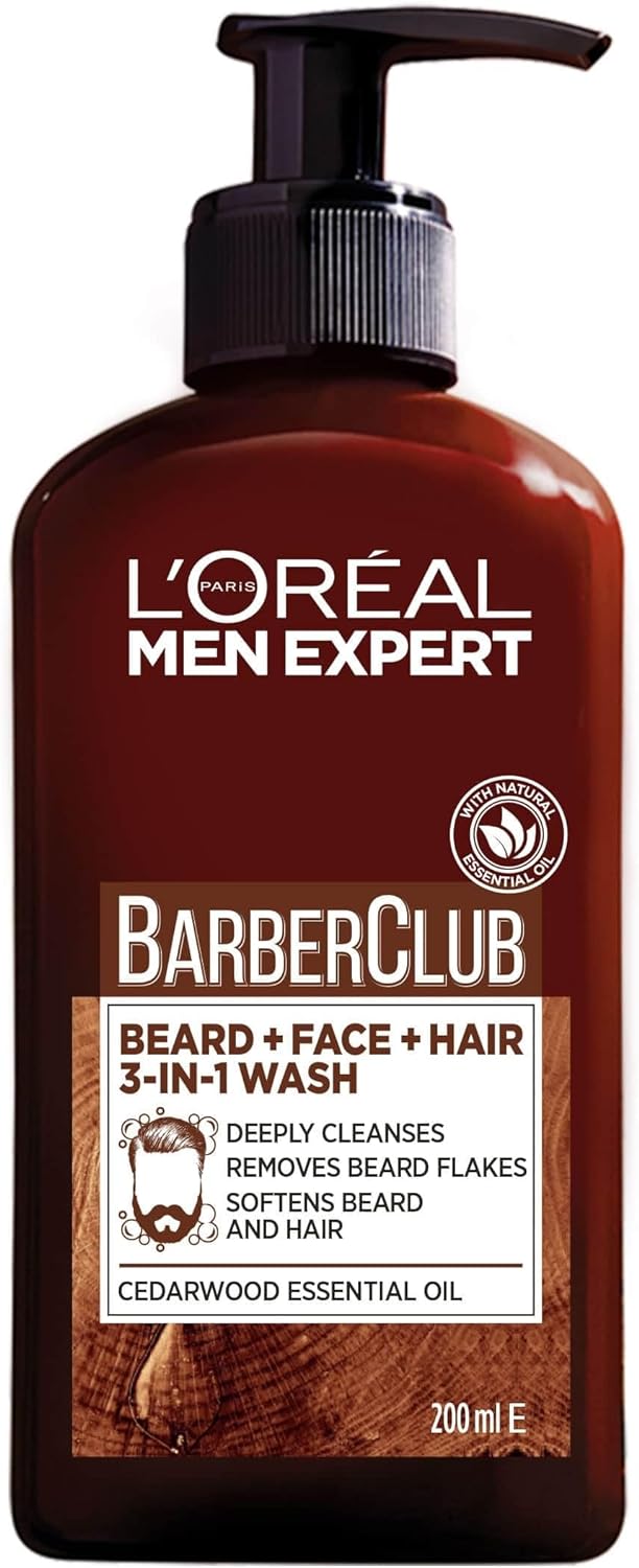 L’Oréal Paris Men Expert Cleansing 3-in-1 Beard, Face & Hair Wash 200ml, Barber Club Wash With Cedarwood Essential Oil, Deeply Cleanses and Removes Beard Flakes.