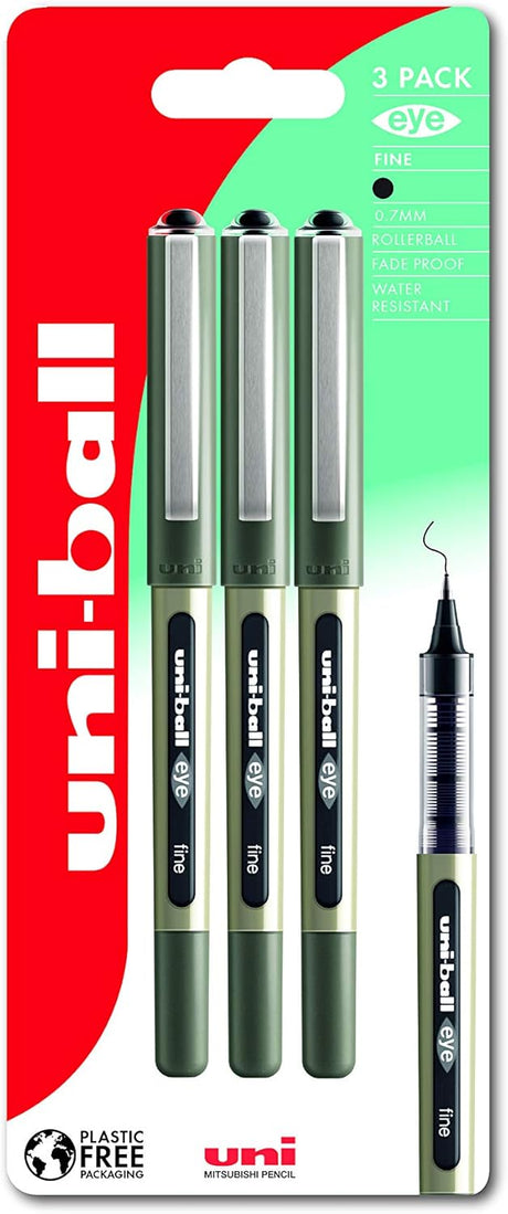 uni-ball Eye UB-157 Black Rollerball Pens. Premium Fine 0.7mm Ballpoint Tip for Super Smooth Handwriting, Drawing, Art, Crafts and Colouring. Fade and Water Resistant Liquid Uni Super Ink. Pack of 5.