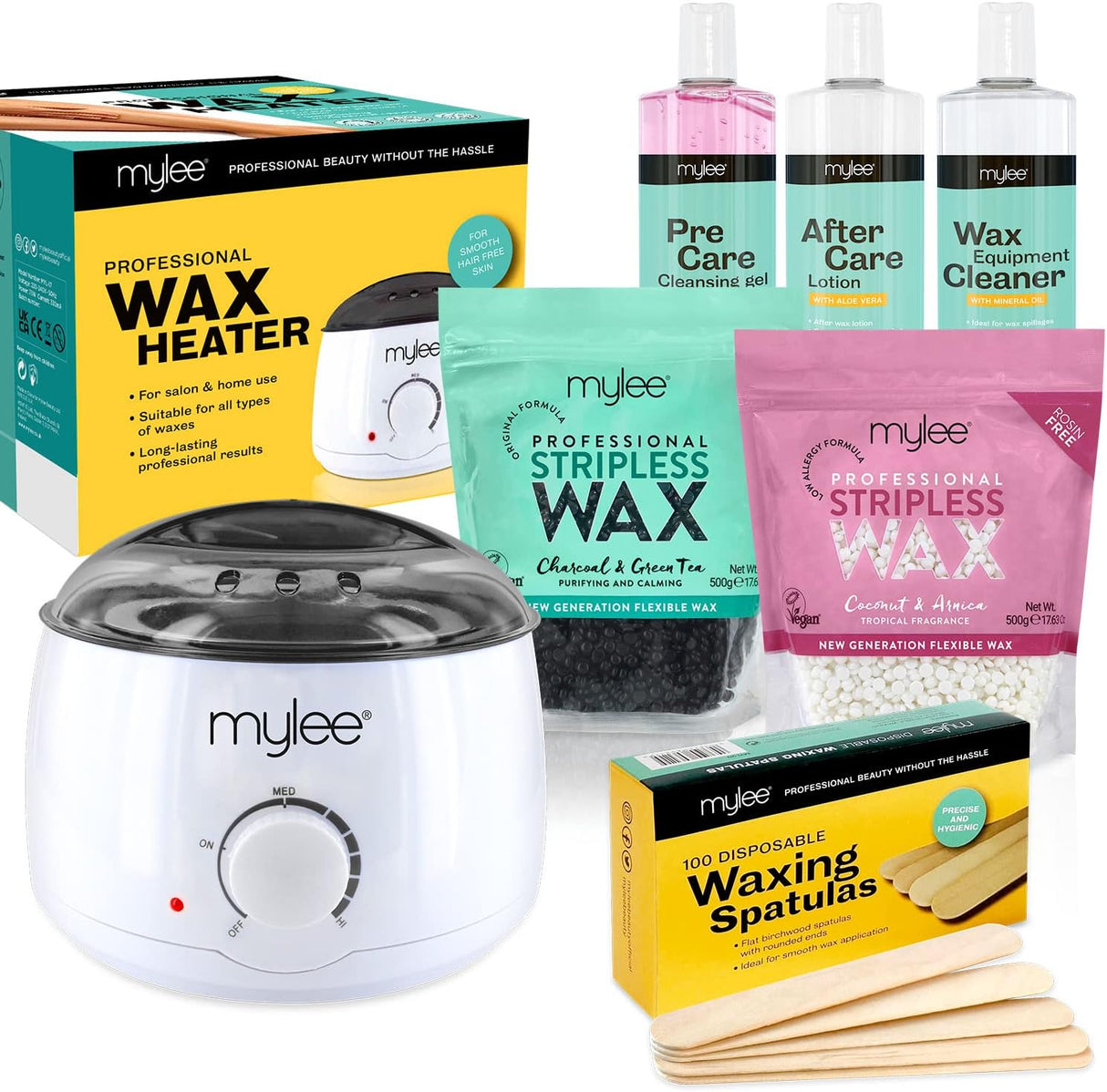 Mylee Professional Complete Waxing Kit with Wax Heater, Hard Wax Beads 500g, Applicator Spatulas, Pre & After Care Gel, Equipment Cleaner (Kit with Both Wax Pouches).