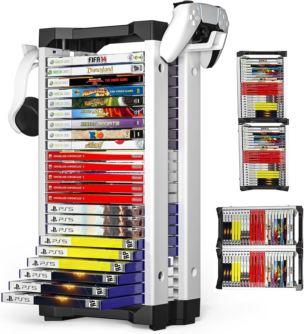 zerotop Video Game Storage Tower Universal Holder Rack PS5/PS4/Xbox One/Xbox 360/Xbox Series X/S/Switch Cases, DVD and Blu-Ray Disks Organizer, Stores 23 Game, with 2 Controller Holders, Black White.