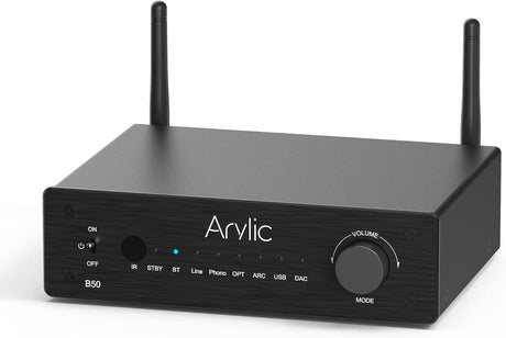 Arylic B50 Bluetooth Stereo Amplifier with Audio Transmitter, 2 Channel 50W*2 Amplifier with HDMI ARC, Phono in, OPT in, Free APP Bluetooth Receiver, Support aptX HD Music..