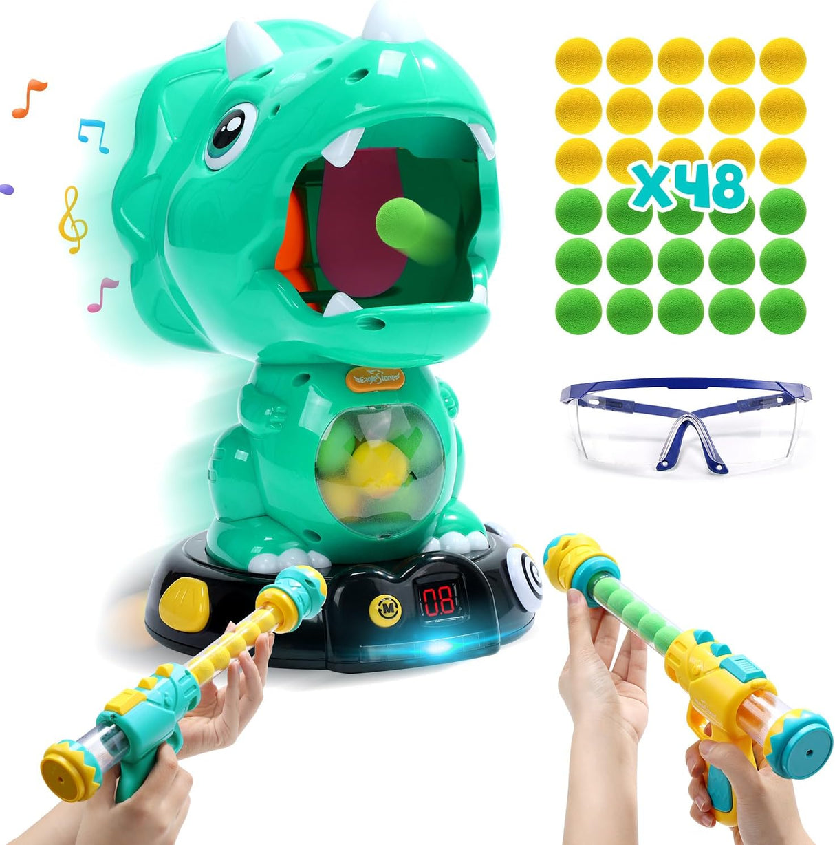 EagleStone Dinosaur Shooting Toys for Boys Girls, Kids Target Shooting Games Air Pump Gun Birthday Party Supplies & LCD Score Record, Sound, 24 Foam Balls Electronic Target Practice Gift for Toddlers.