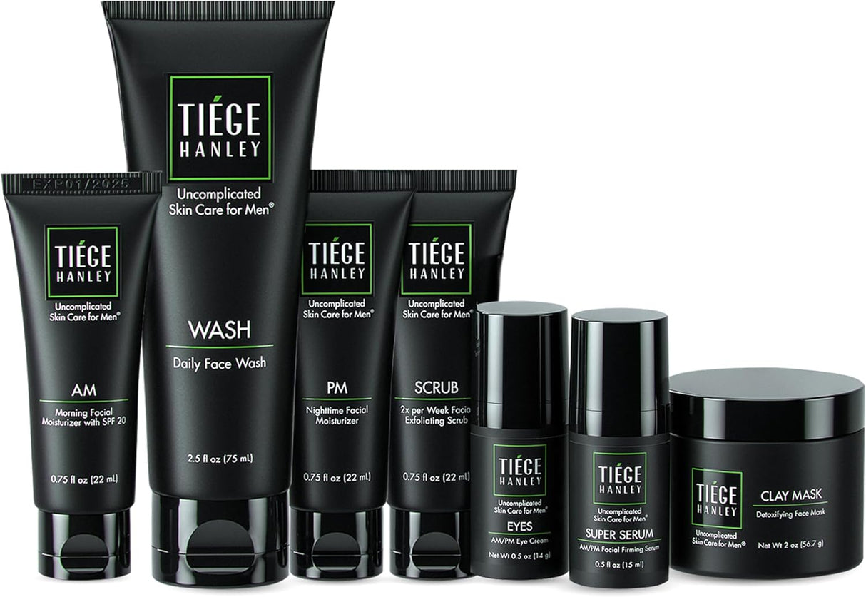 Tiege Hanley Mens Skin Care Set, Rejuvenation Skin Care Routine for Men (System Level 5) - Men's Skincare Set Includes Face Wash, Scrub, Moisturizer, Eye Cream, Face Serum, Clay Mask, & Retinol Stick.