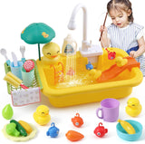 FRUSE Play Sink with Running Water, Toy Kitchen Sink with Electric Faucet,Play Kitchen Accessories,Fishing Game,Role Play Food Water Toys,Dishwasher Playing Toy for Boys Girls Toddlers（Yellow.