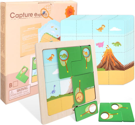 Wooden Puzzles for 3+ Year Olds-Capture Dinosaurs, Logic Jigsaw Puzzles for Kids with 60 Levels of Advanced Difficulty IQ Puzzle Game, Brain Teaser Puzzles for Kids Age 3 4 5 6.