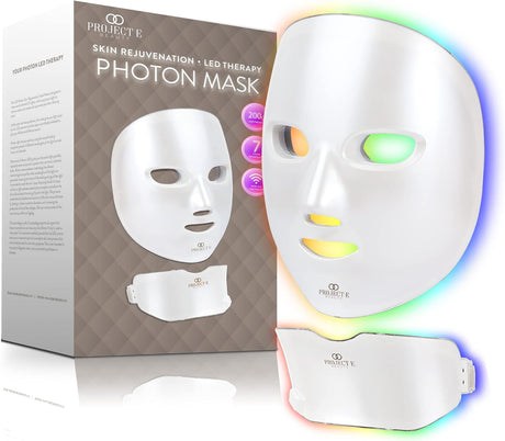 LED Face & Neck Mask by Project E Beauty | Skin Rejuvenation | LED Therapy Photon Mask | 7 Colors | Anti Aging | Acne Spot Removal | Reduce Wrinkles | Anti-inflammation | Brightening Skincare Mask.