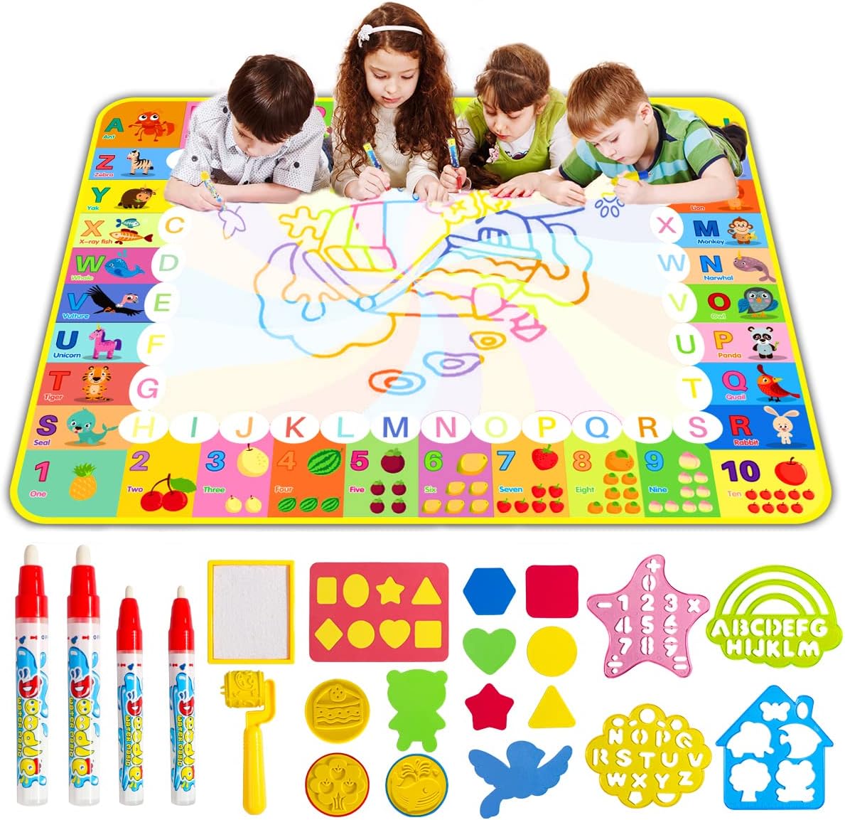 Water Doodle Mat - 120 x 90cm Large Aqua Magic Water Drawing Mat with Magic Pens, Stamps, Molds No Mess Coloring Painting Educational Christmas Birthday Gift for Toddlers Boys Girls Toys Aged 3 4 5.