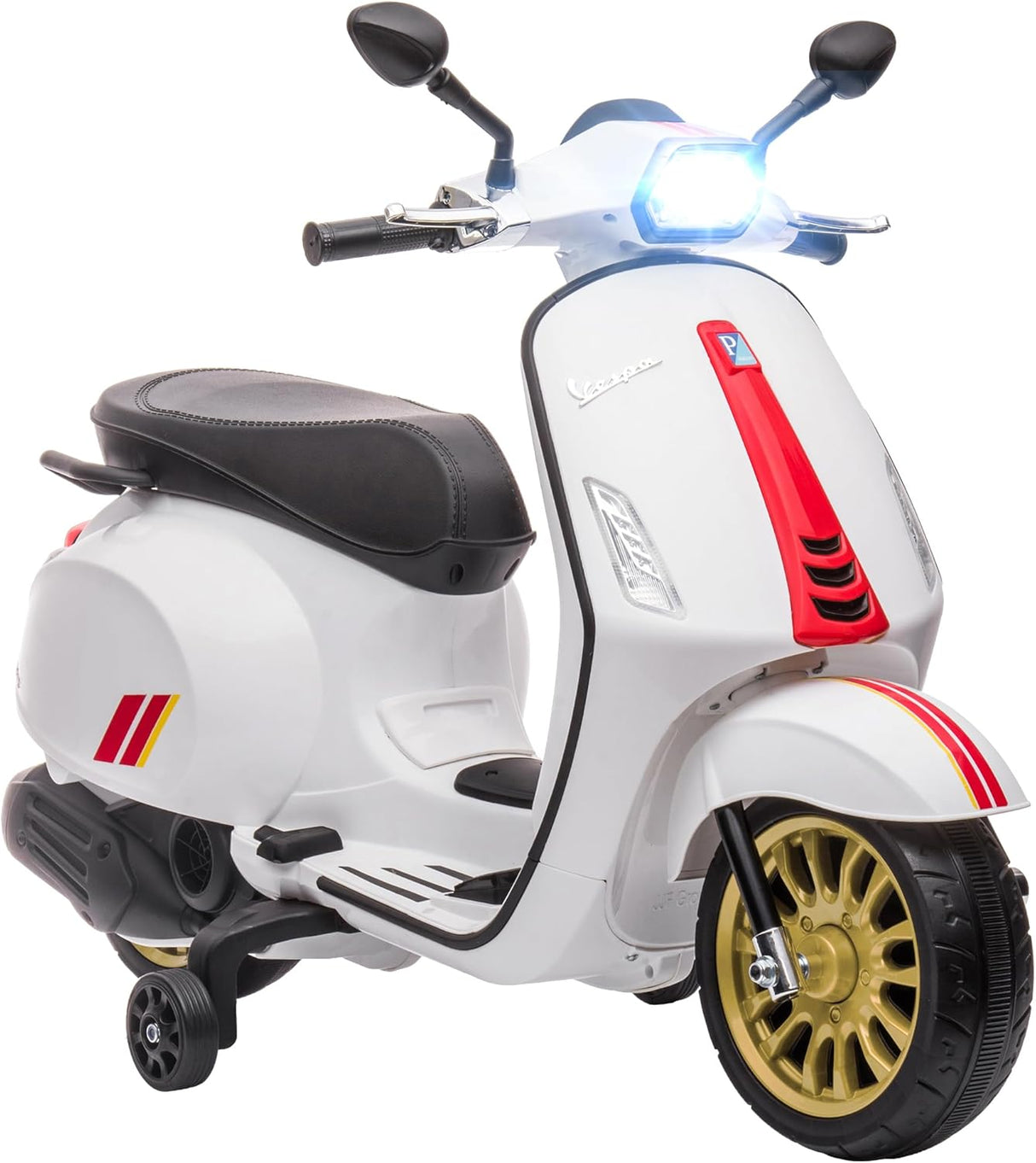 AIYAPLAY Vespa Licensed 12V Kids Electric Motorbike, Ride-On Motorcycle with Music, Headlight, MP3, USB, FM Radio, 2 Training Wheels, for 3-6 Years - White.