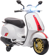 AIYAPLAY Vespa Licensed 12V Kids Electric Motorbike, Ride-On Motorcycle with Music, Headlight, MP3, USB, FM Radio, 2 Training Wheels, for 3-6 Years - White.