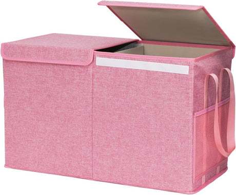 BinWhiz 66 x33 x43 cm Large Toy Chest Storage Organizer Box with Lid, Collapsible Fabric Box Container Bin for Home, Nursery, Playroom Boys Girls Toys Organizing, Pink.