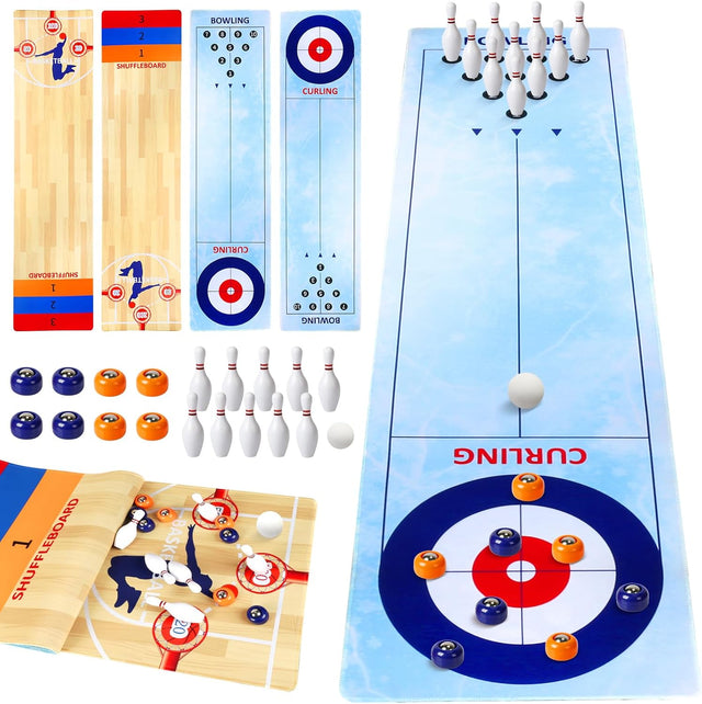 Landifor 4 in 1 Tabletop Game Board for Family Party 30 x 120cm Multifunction Tabletop Gameboard - Curling Basketball Bowling & Shuffleboard Game Family Indoor Interactive Game for Kids and Adults.