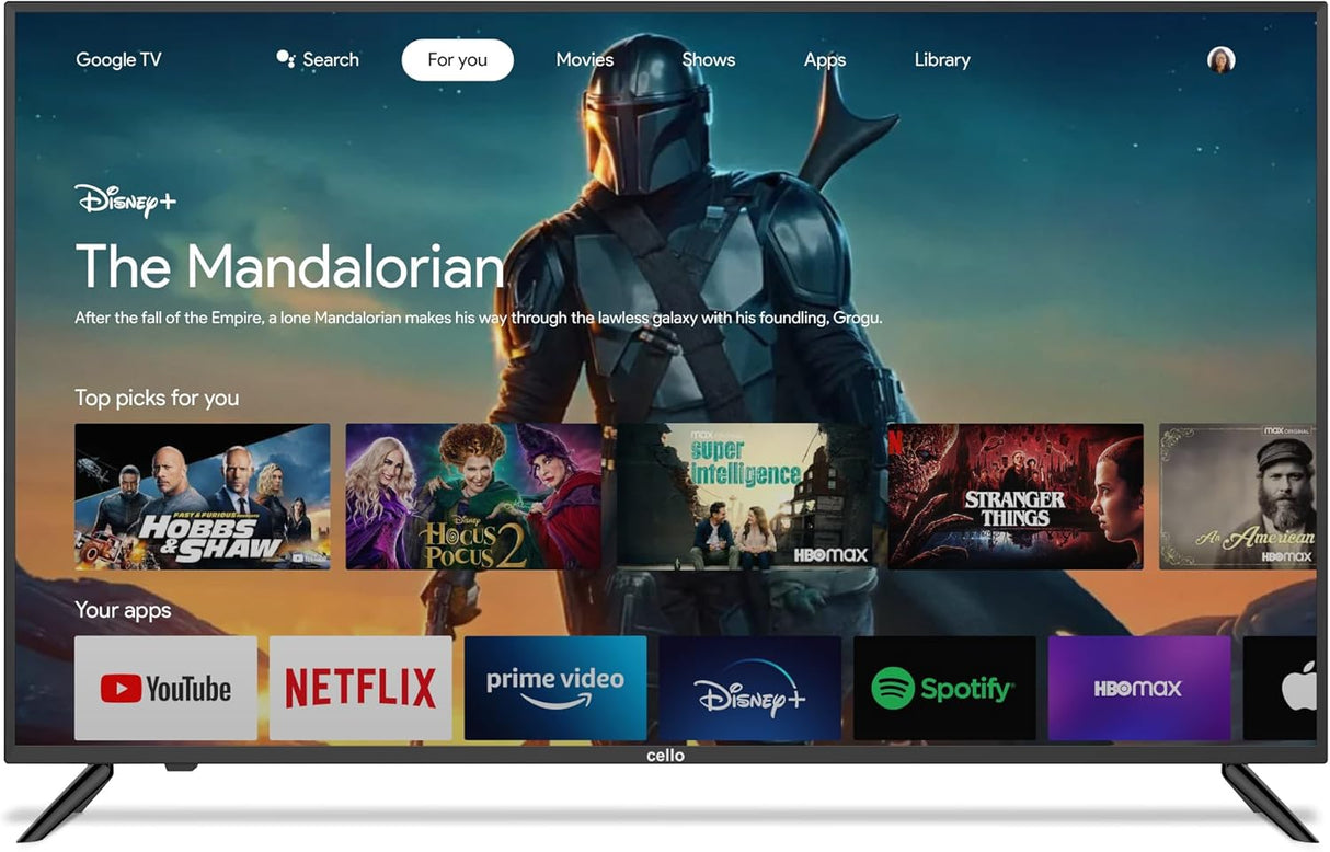 Cello 55 inch 4K UHD Smart Android TV with Freeview Play, Disney+, Netflix, Prime Video, Apple TV+, BBC iPlayer. Made in the UK.