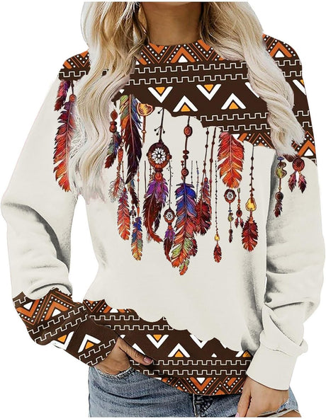 AMhomely Autumn Sweatshirt for Womens Clearance Vintage Long Sleeve Tunic Sweatshirt Teens Crewneck Pullover Jumper Aztec Printed Sportswear Tops Size 10-20 UK.