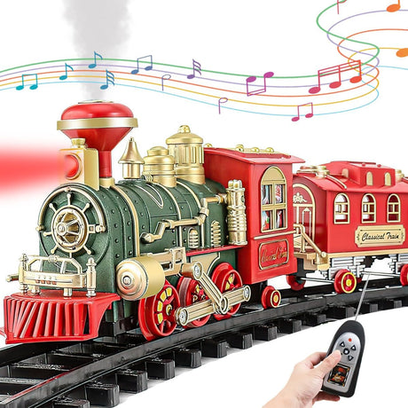 xwin sportseries Classic Steam Engine Train Set with Remote Control - Realistic Steam, Sound, Light - Complete Electric Train Kit Locomotive, Rail Tracks, Trees, Traffic Signs for Kids.