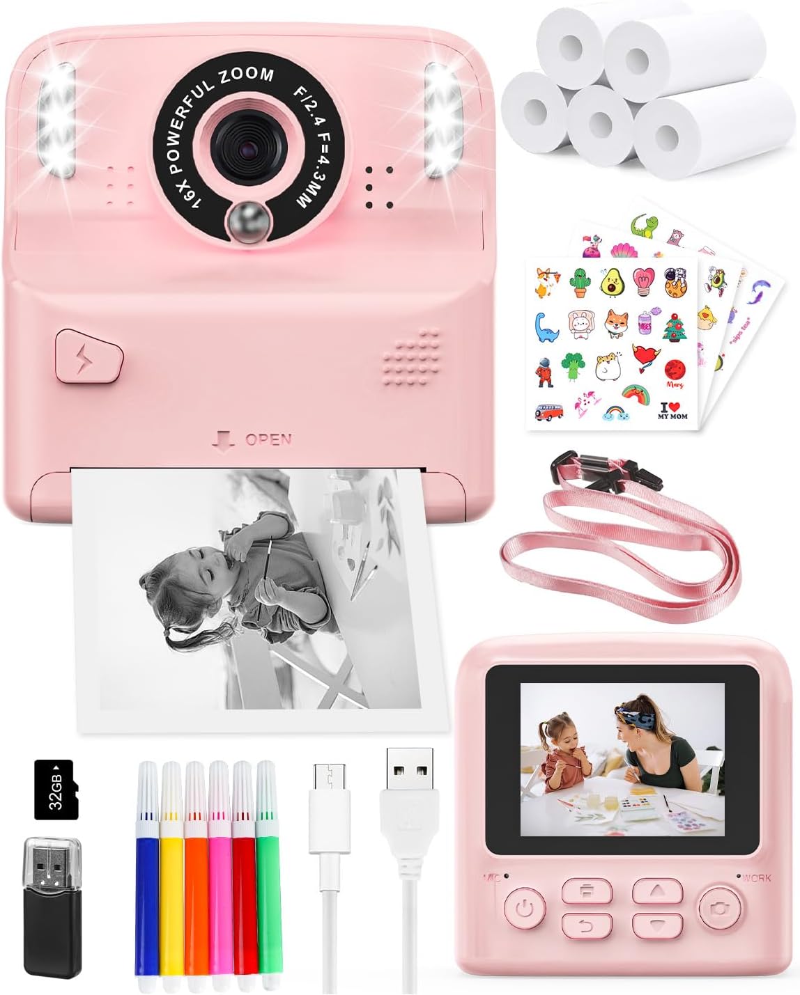 PHNIXGAM Kids Instant Print Camera with 2 Flash Lights, Children Selfie Digital Camera with 2.4 Inch Screen, 32GB Card, 5 Rolls Print Paper for Age 3-12 Gifts Travel (Pink).