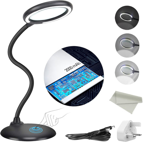 DUDSOEHO Rechargeable 5X Magnifying Desk Lamp, Dimmable Magnifying Glass with Light and Stand, Hand Free Touch Dimmable Magnifier with 28pcs LED Light for Work, Reading, Hobbies, Sewing, Crafts.