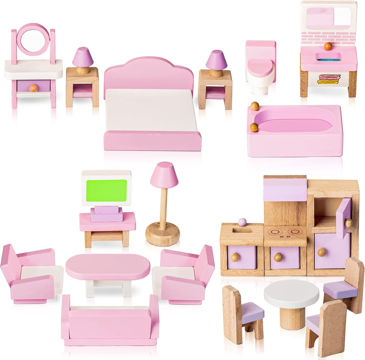 Wooden Dollhouse Furniture Set, 5 Room Kit 22 Piece Miniature Accessories, Including Kitchen, Dining Room, Living Room, Bedroom, Bathroom for Playhouse Family Figures Play Toy.