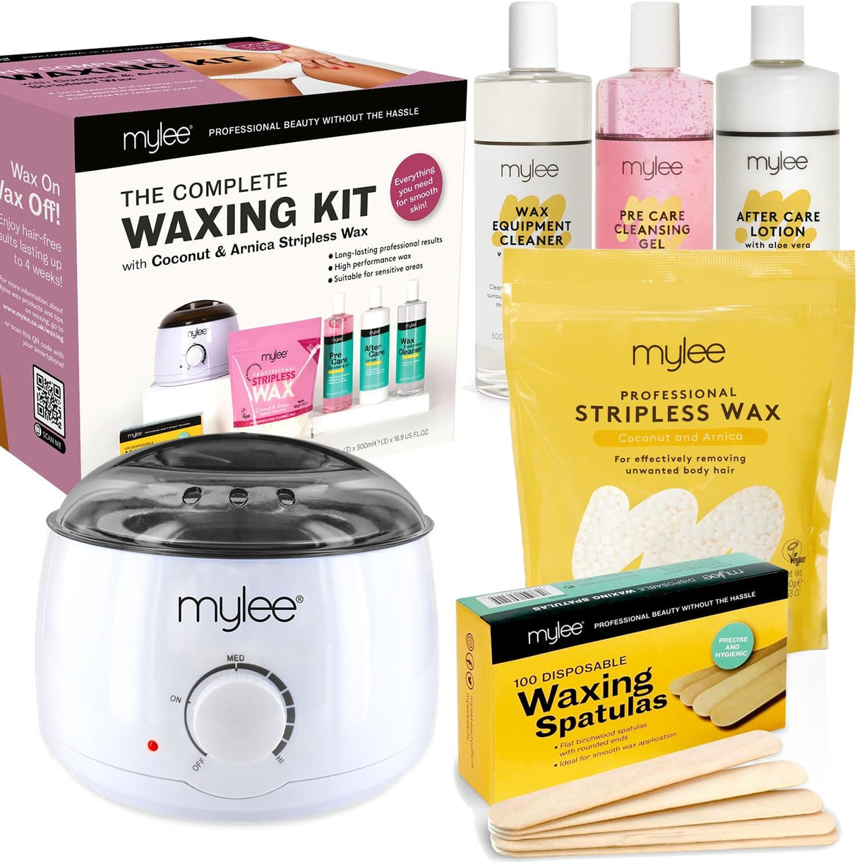 Mylee Professional Complete Waxing Kit with Wax Heater, Hard Wax Beads 500g, Applicator Spatulas, Pre & After Care Gel, Equipment Cleaner (Coconut & Arnica).