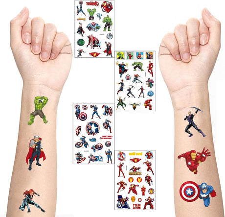 4 Sheet Super Hero Avengers Temporary Tattoos Stickers for Kids,Superhero Party Bag Filler Favors Cute Fake Tattoos Stickers for Kids Boys Girls School Rewards Gifts.