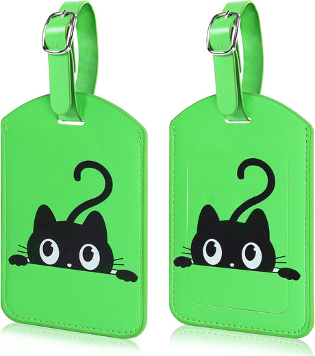 Norvens 2 Pack Travel Luggage Tags, Address Label Green PU Leather Black Cat Design Various Suitcases/Backpacks Protects Personal Info Excellent Travel Choice.