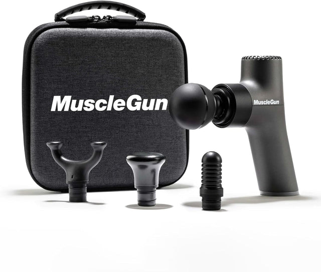 MuscleGun Carbon Go | Portable Lightweight Percussion Massage Therapy Device | 4 Massage Heads, Rechargeable 180 Minute Battery, Variable Speed Control | Travel Case Included.