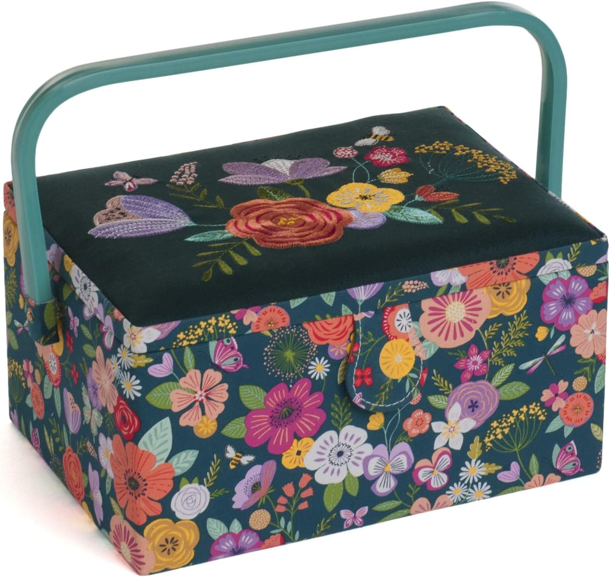 Hobby Gift Exclusive Medium Sewing Craft Hobby Storage Box, Accessories Tray Pin Cushion Pocket PVC Handle Embroidered Lid, Eucalyptus, 18.5 x 25.5 x 14.5cm.