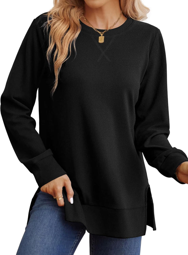 Saloogoe Sweatshirt for women Side Split Fall Fashion 2023 Long Sleeve Shirts Trending Now, 00-black, Medium.