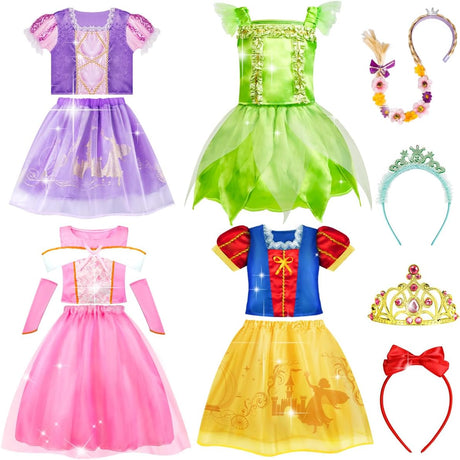 MELAND Princess Costumes for Girls - 4 Set of Princess Dress up for Girls Aged 3 4 5 6 7 8, Fancy Dress Up Clothes for Kids Toddlers Girls Birthday Gift.