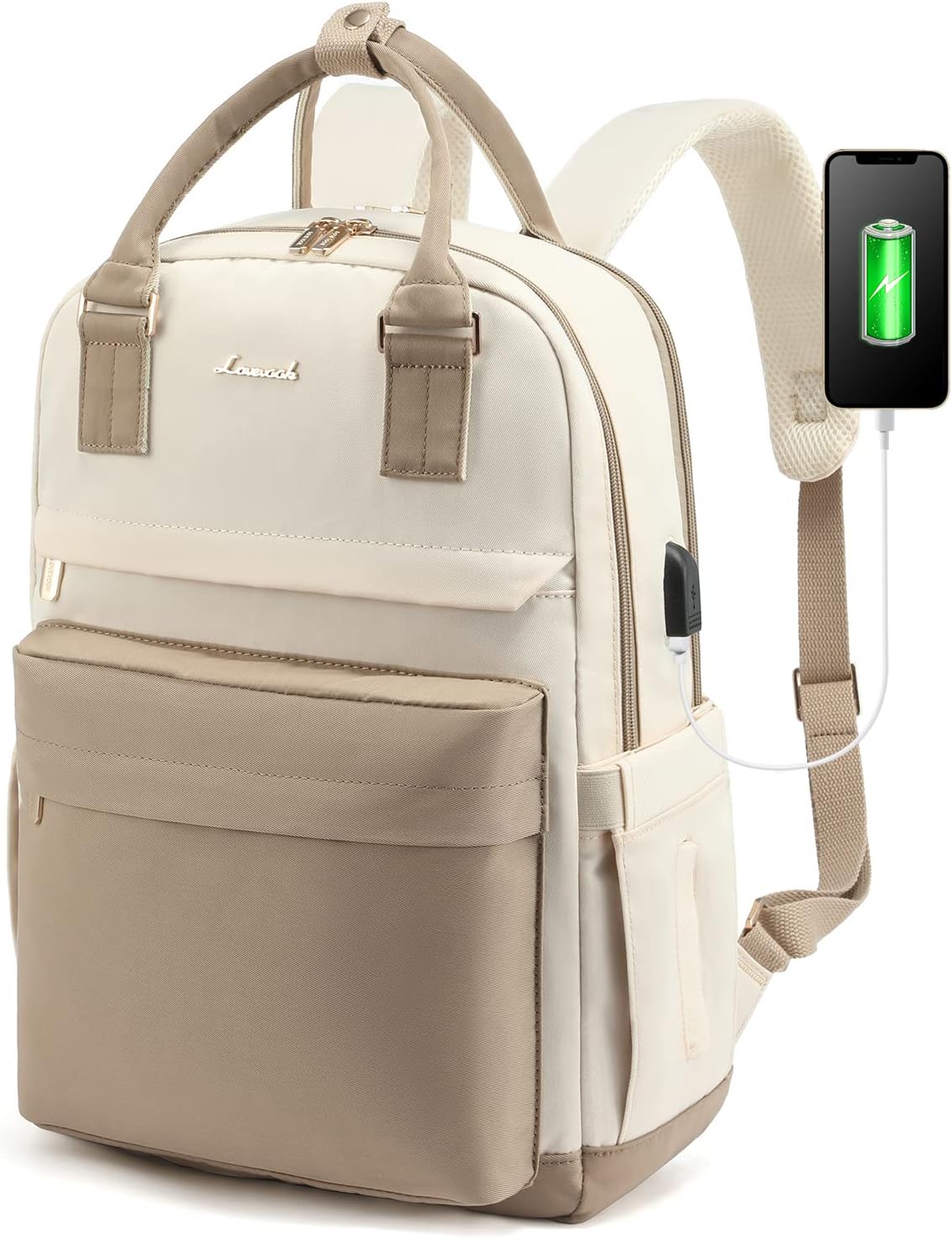 LOVEVOOK Laptop Backpack Womens, 15.6 Inch School Bags for Women Waterproof Computer Rucksack with USB Port for Travel Business College Work, Khaki Beige.