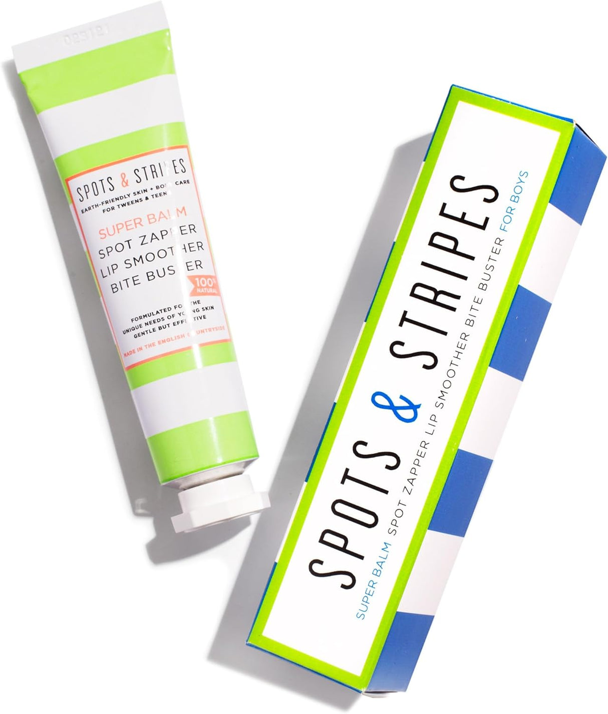 Spots & Stripes - Teenage Spot Treatment Boys, 100% Natural Skincare, Multi-Purpose Spot Zapper, Lip Balm and Skin Rescue for Tweens in One Genius Stick, with Niaouli, Coconut and Myrrh (15g).