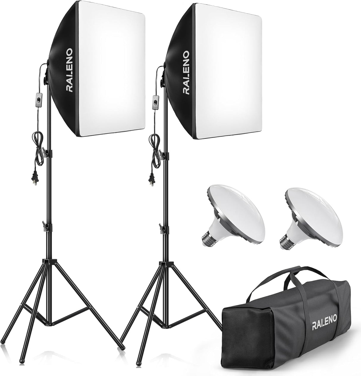 RALENO Softbox Lighting Kit, 20’’×20’’ Photography Studio Lighting with LED Bulbs(50W, 5500K, CRI=97, TLCI≥97), Continuous Lighting for Video Recording, Portraits, Product Shooting, Model: PS70