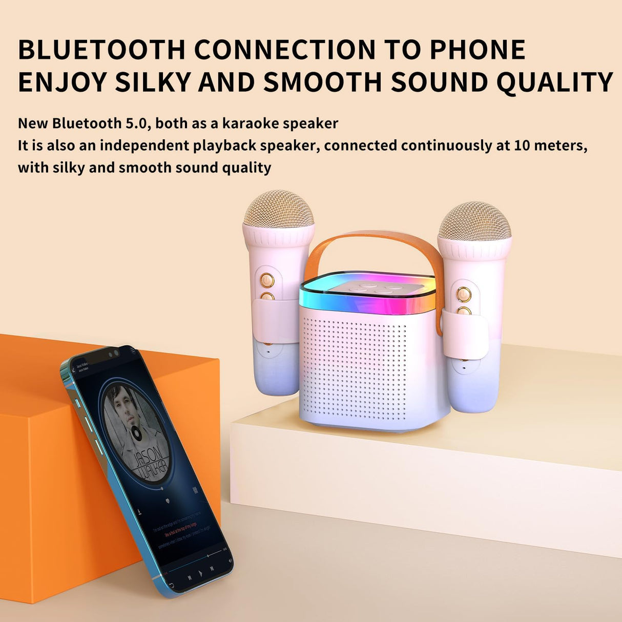 Karaoke Toy Bluetooth Smart Speaker with 2 Wireless Microphones, Kids & Adults Portable Karaoke Machine with LED Light and Voice Changing Effects, Gifts for Age Kids Families Birthday Party - White.