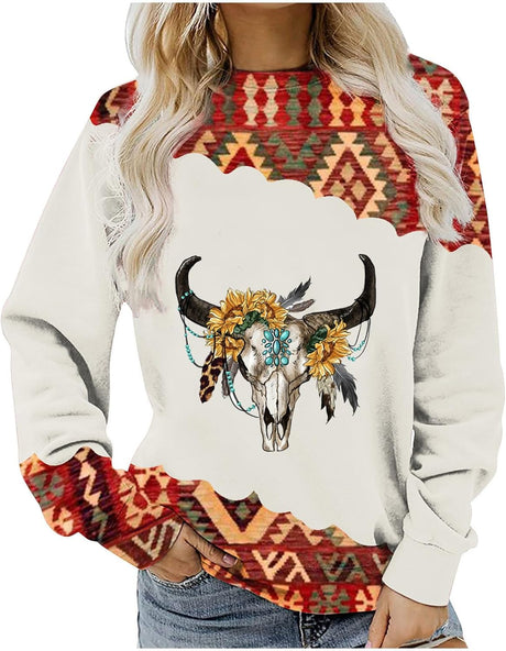 AMhomely Autumn Sweatshirt for Womens Clearance Vintage Long Sleeve Tunic Sweatshirt Teens Crewneck Pullover Jumper Aztec Printed Sportswear Tops Size 10-20 UK.