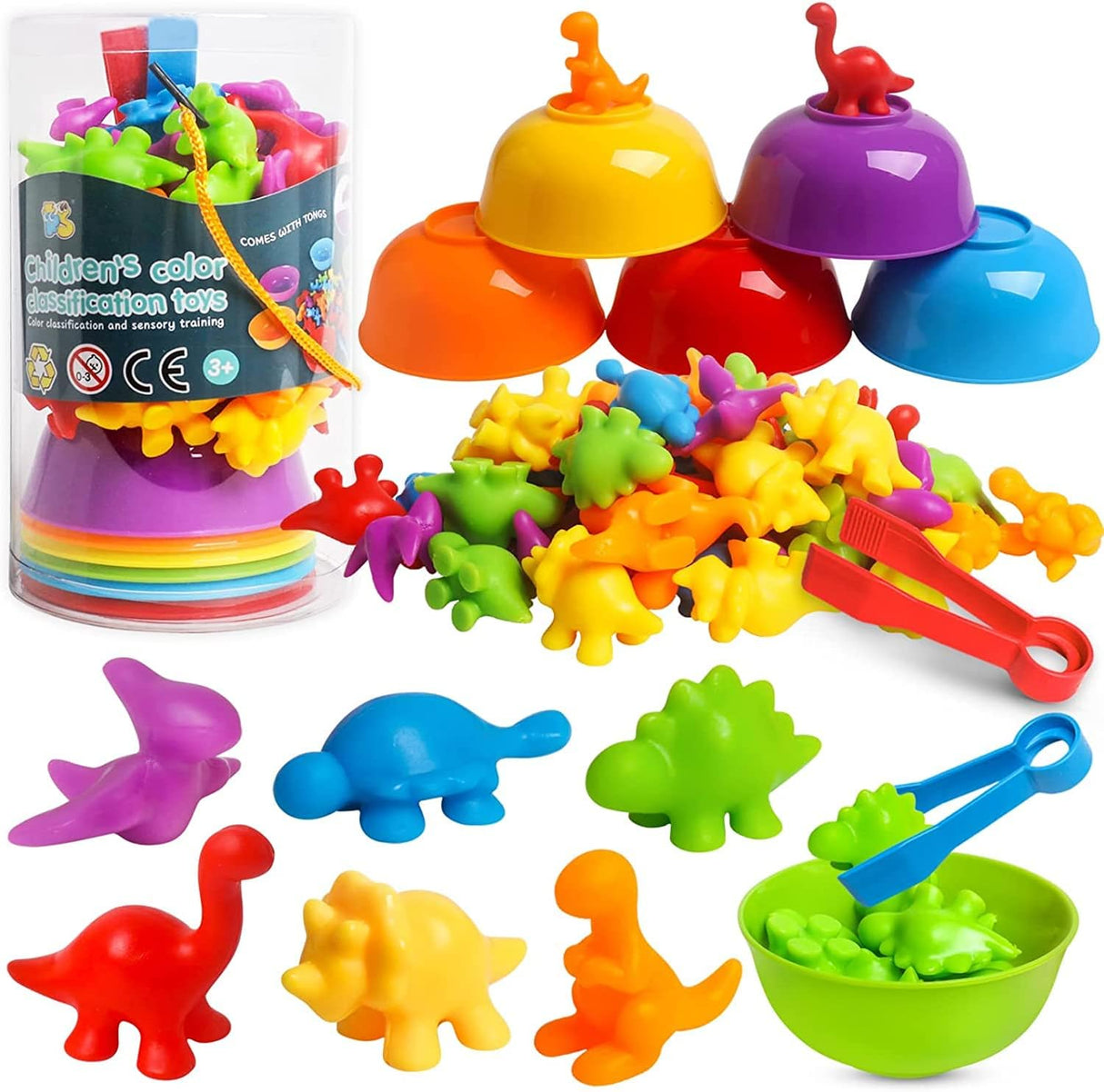 LEADSTAR Montessori Counting Toys,58pcs Rainbow Counting Dinosaurs Set with Matching Bowl Dices and Tweezers,Montessori Sorting Toys Perfect Math Skills Games Educational Toys for 3 4 5 Years Old.