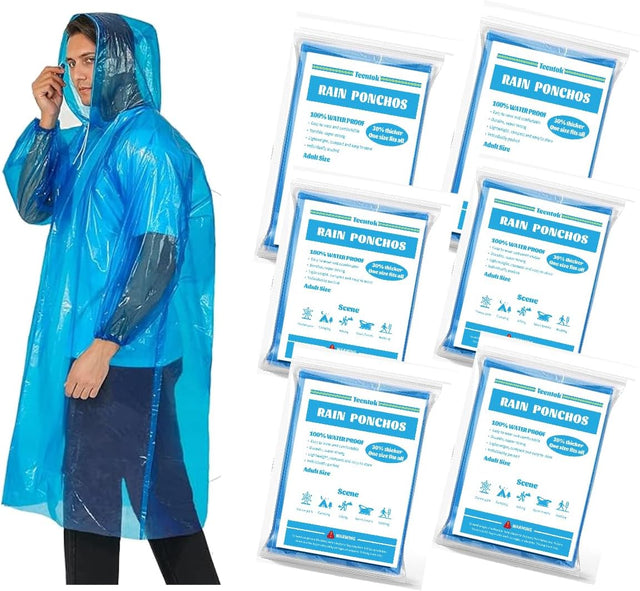 Teentok 6 Pack Poncho Waterproof Rain Poncho for Adult - Disposable Ponchos for Men and Women with Hood and Sleeves for Outdoor Recreation, Festivals, Camping, Hiking.