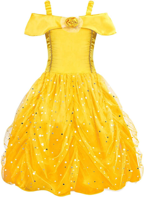 AmzBarley Princess Belle Dress up for Girls Dressing Costume Kids Cosplay Birthday Holiday Fancy Party Layered Dresses.