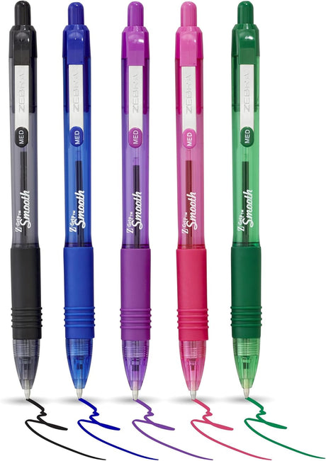 ZEBRA Pen Z Grip Smooth Multi- Coloured & Black Ballpoint Pens, Smooth & Comfortable Retractable Pens With Pocket Clip, Multipack Biro Pens - Medium Point, 5 pack.