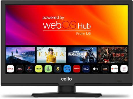 Cello 12 Volt 16 inch Smart WebOS by LG Full HD TV with FreeSat Freeview Play Bluetooth. Disney+, Netflix, Apple TV+, Prime Video, BBC iPlayer Made in the UK (2024 model).