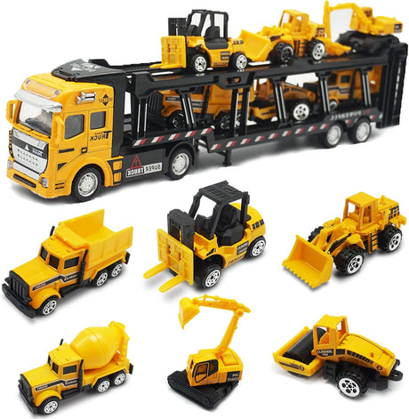 OTONOPI Car Transport Truck Toy Construction Truck Diecast Cars Play Vehicle Set Carrier Trailer Truck with Mini Crane Excavator Digger Dumper Tractor for Kids Pack of 7.