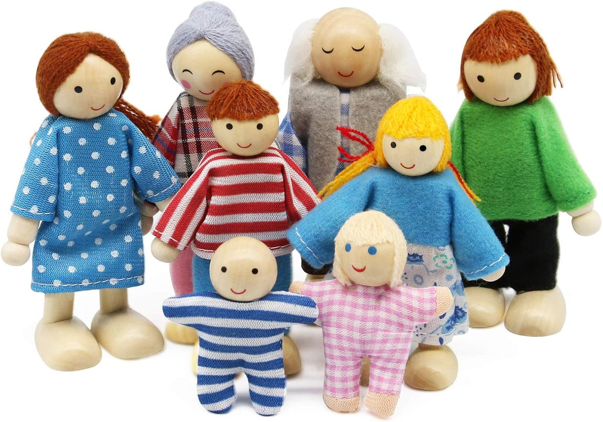 Wagoog Dolls House Dolls Family Set, Wooden 8 Mini People Figures Dolls Playset for Dollhouse Accessories Girls Kids Children Pretend Toy Gift.