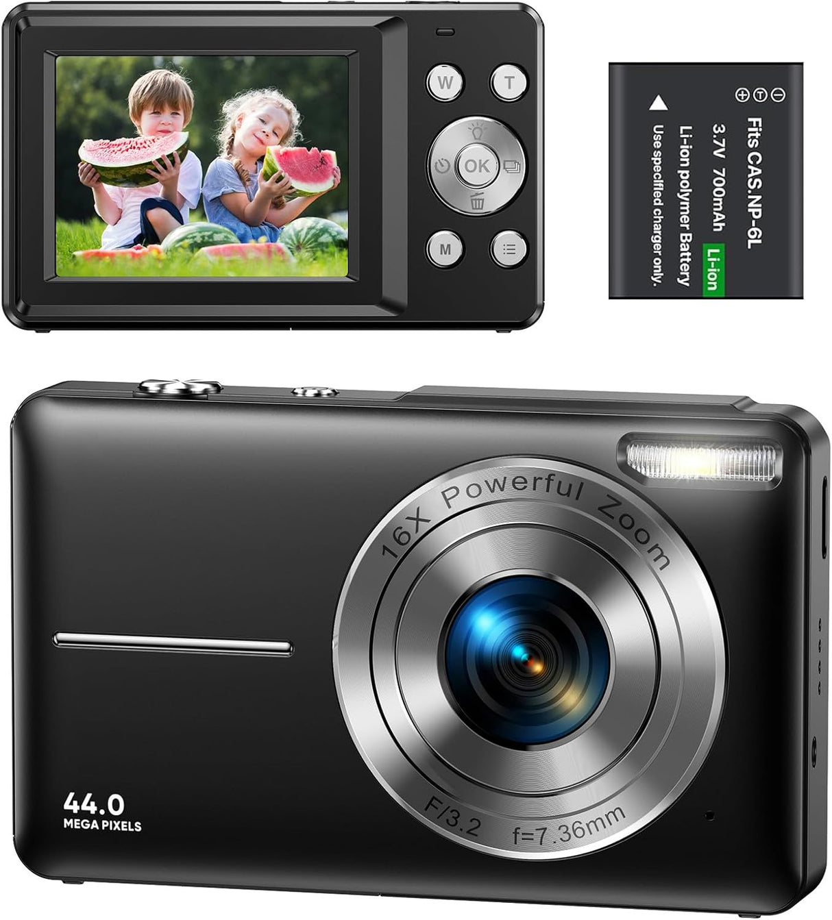 Digital Camera 1080P 44MP Compact Digital Camera 16X Digital Zoom with 2.4" LCD Screen, Point and Shoot Digital Camera Vlogging Camera for Kids, Teenagers, Beginners, Boys, Girls(Black).