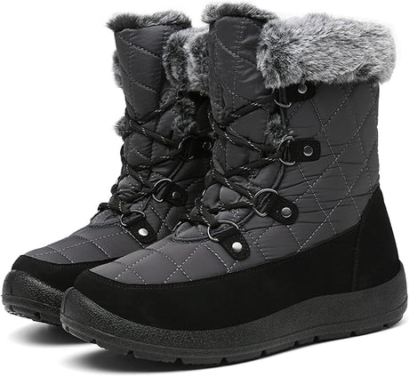 Bella Bays Snow Boots Women Waterproof Non Slip Fur Lined Warm Ladies Winter Ankle Boots Thermal Outdoor Walking Shoes Lace Up Zipper Black/Grey/Red/Blue UK 3-9.