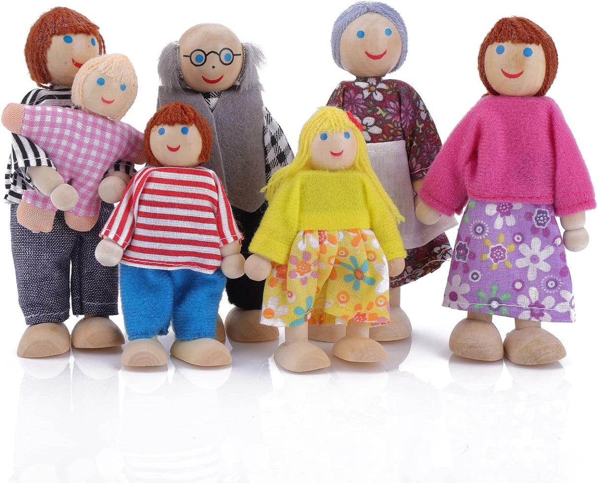 cobee Dollhouse Family People Figures, 7 Pieces Wooden Doll House Family Dolls Mini Doll Family Pretend Play Figures Miniature Dollhouse Doll Figures (B).