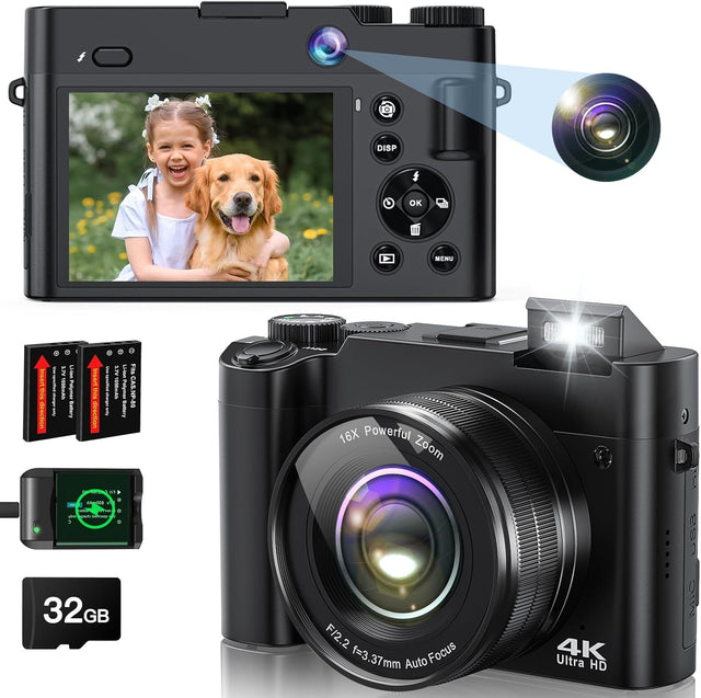 4K Digital Camera for Photography, 64MP Autofocus Vlogging Camera for YouTube with Selfie Lens, Compact Travel Video Camera with Flash, 16X Zoom, Anti-Shake, 32GB Card, 2 Batteries.