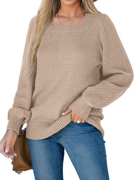 Saloogoe Sweaters for Women 2023 Fall Clothes Fashion Trendy Square Neck Tops Long Sleeve Shirts Pullover Trending Now.