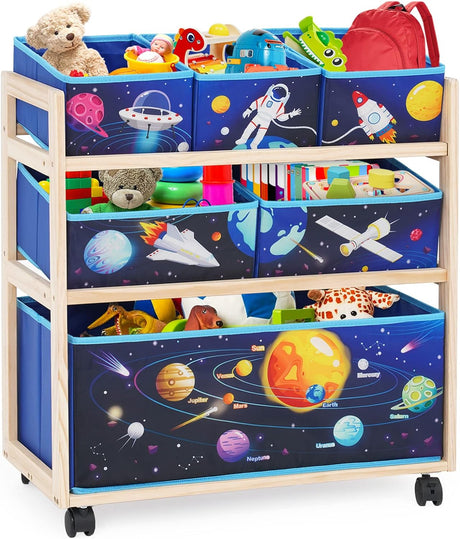 Kids Toy Storage Organizer with Wheels, Utility Rolling Cart with Large Storage Capacity for Bedroom, Toy Room, Playroom - Hold Toys, Books, Blankets (Blue).