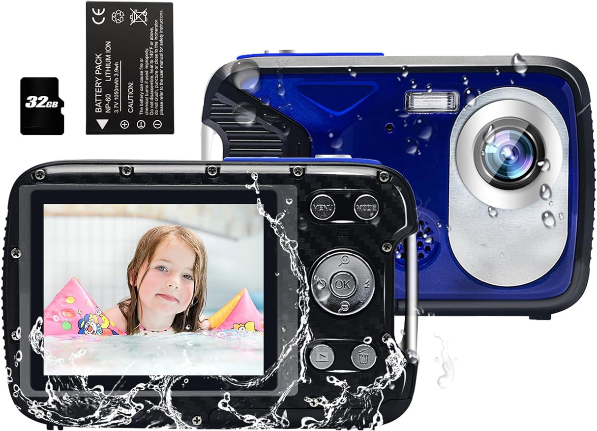 Digital Camera,Kids Waterproof Camera 30MP 1080P Point and Shoot Cameras with 2.8" 18X Digital Zoom, Underwater Camera with a Battery and 32GB Micro Card(Blue).