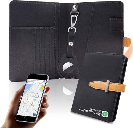 EPROICKS Airtag Passport Holder, RFID Travel Passport Wallet, with Findertag Locator, PU Leather Travel Wallet, Travel Documents Organizer, Compatible with Apple Find My iOS Only (Black).