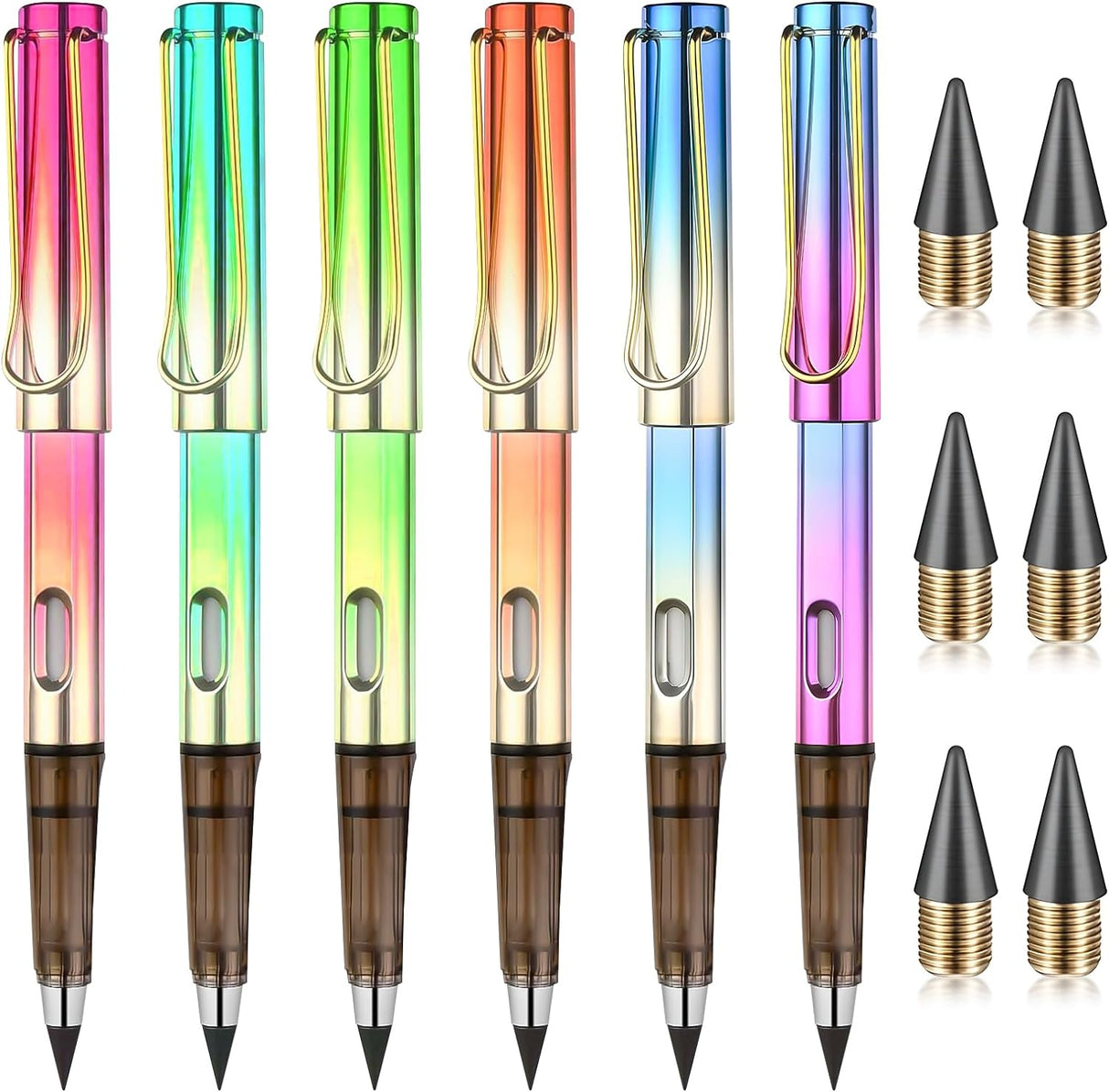 Shudyear 6 pcs Inkless Pencils Eternal, Reusable Inkless Pencil and Pen Loop Holder, Everlasting Pencil Replaceable Head, for Writing, Drawing, Students Home Office School Supplies (Gradient).